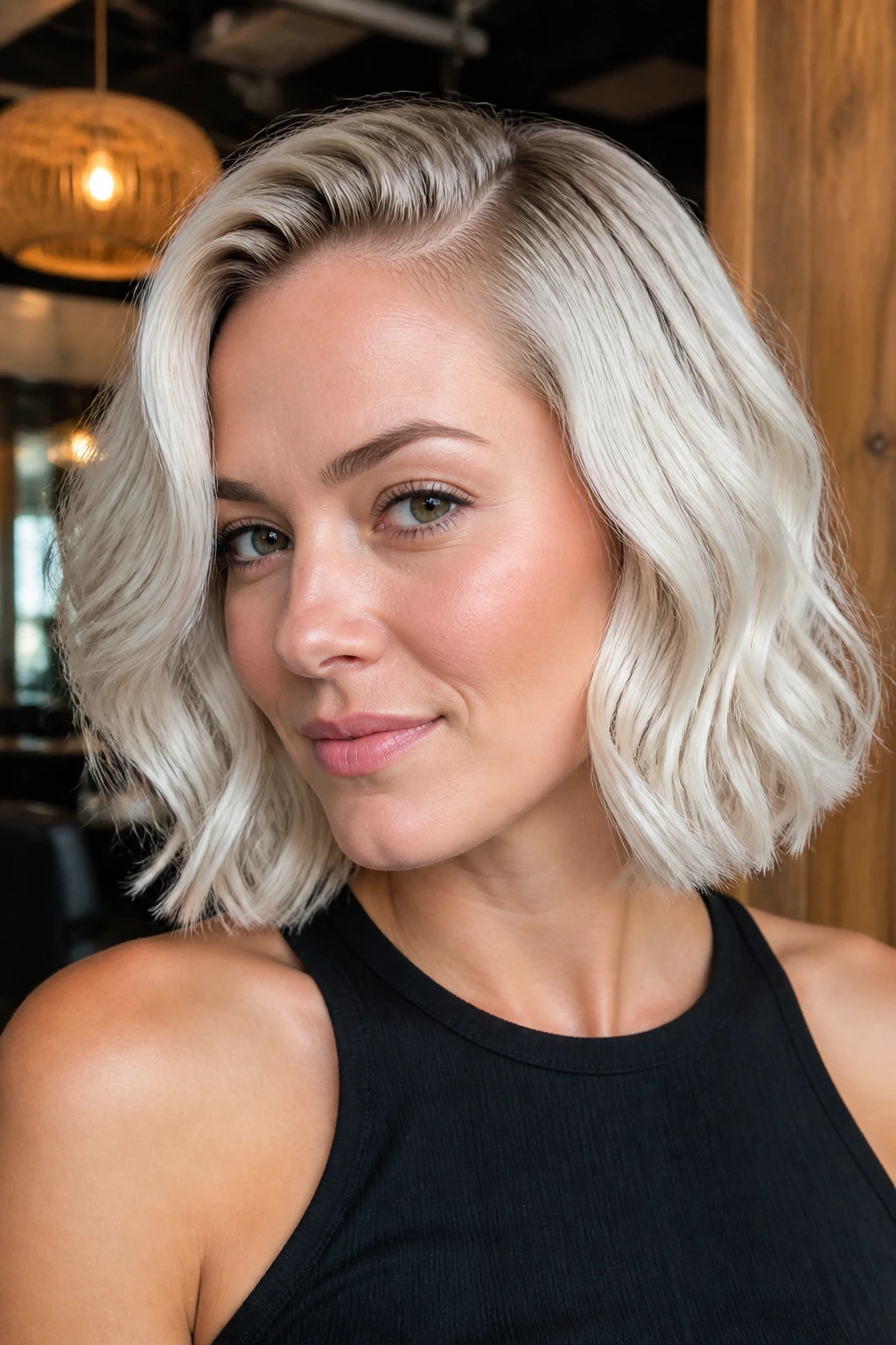 Close-up of a real woman with an ice blonde bob featuring sleek roots and a bouncy length