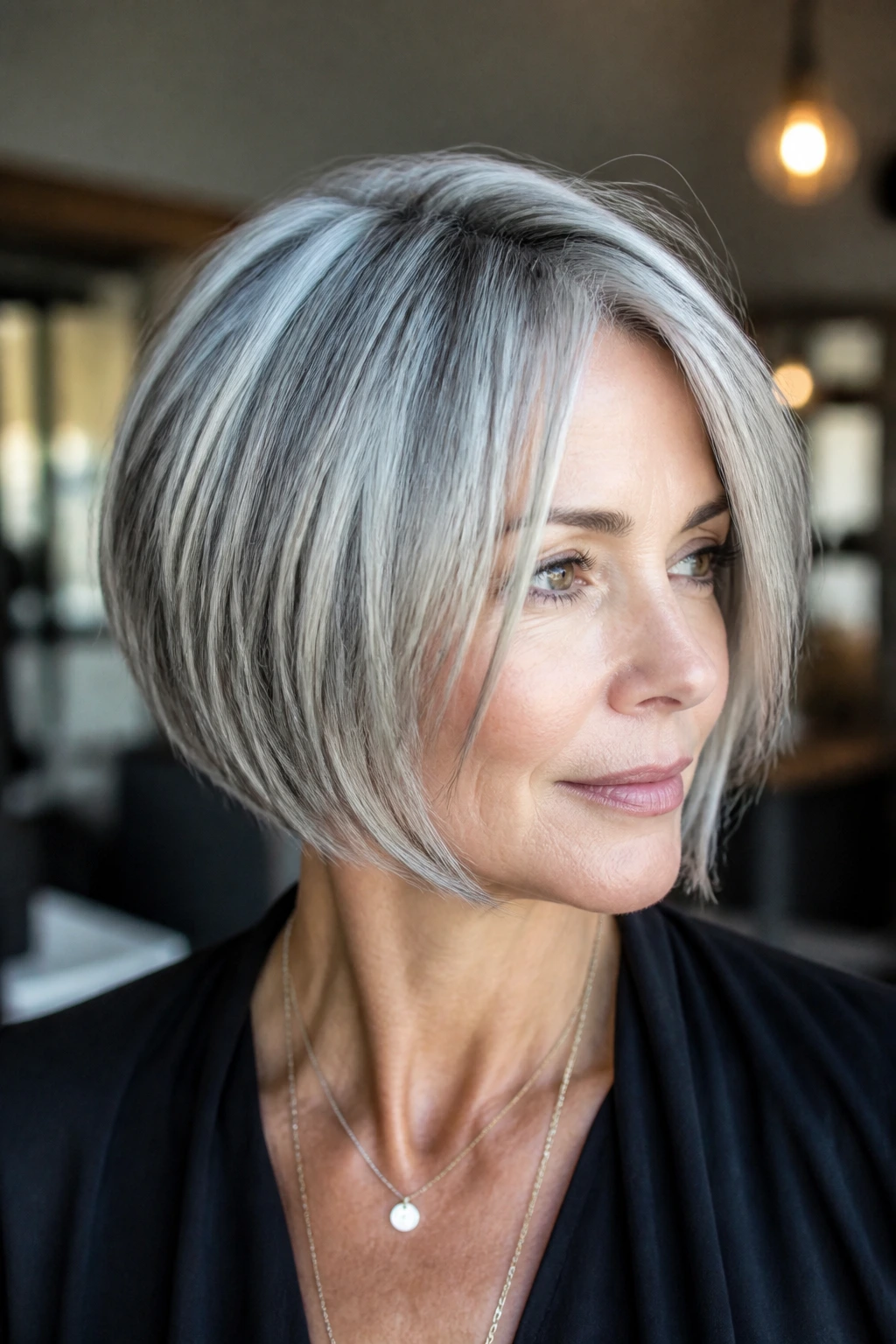 Portrait of a person with icy-highlighted salt-and-ice bob in an urban setting.