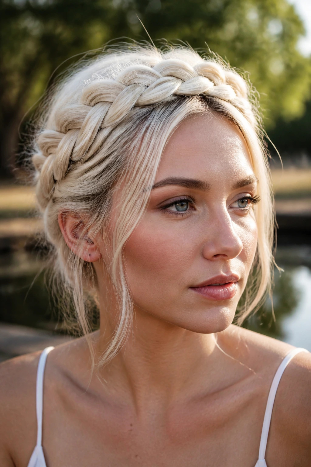Close-up of a woman wearing an ice blonde braided crown