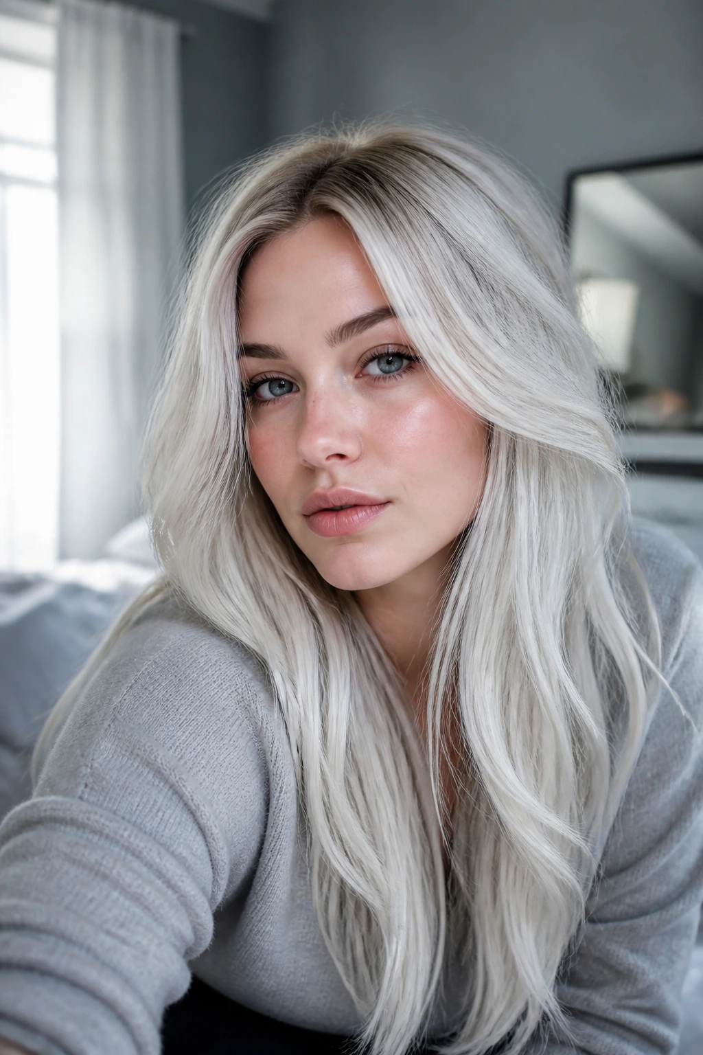Close-up portrait of a real person with ice blonde hair and cool skin tone