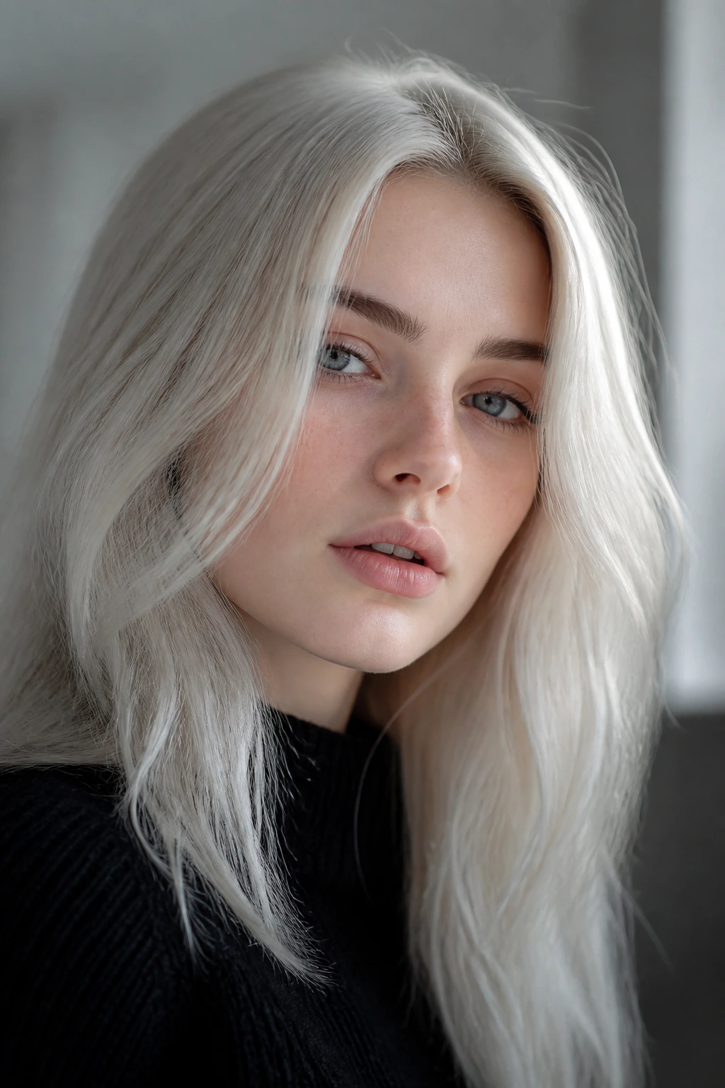 Portrait of a person with ice blonde hair and cool undertones.