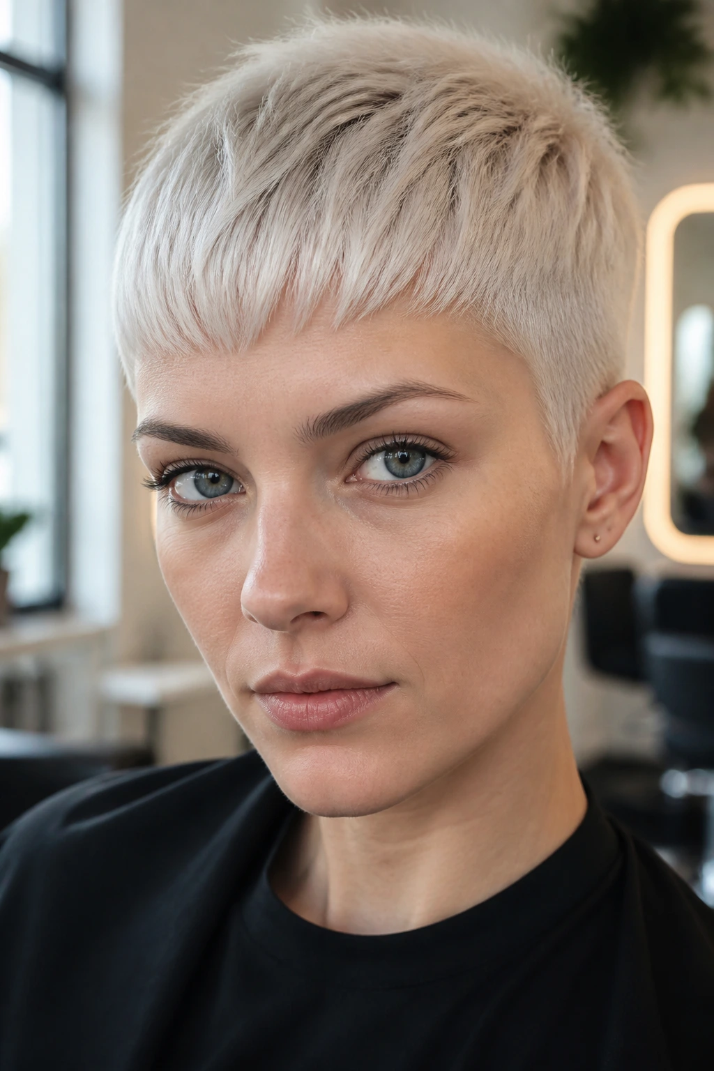 Portrait of real person with ice blonde crop under soft daylight