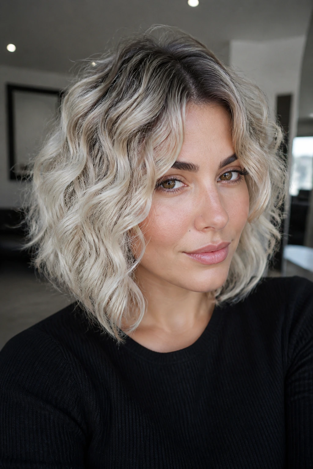 Close up portrait of real woman with ice blonde lob and dark root smudge
