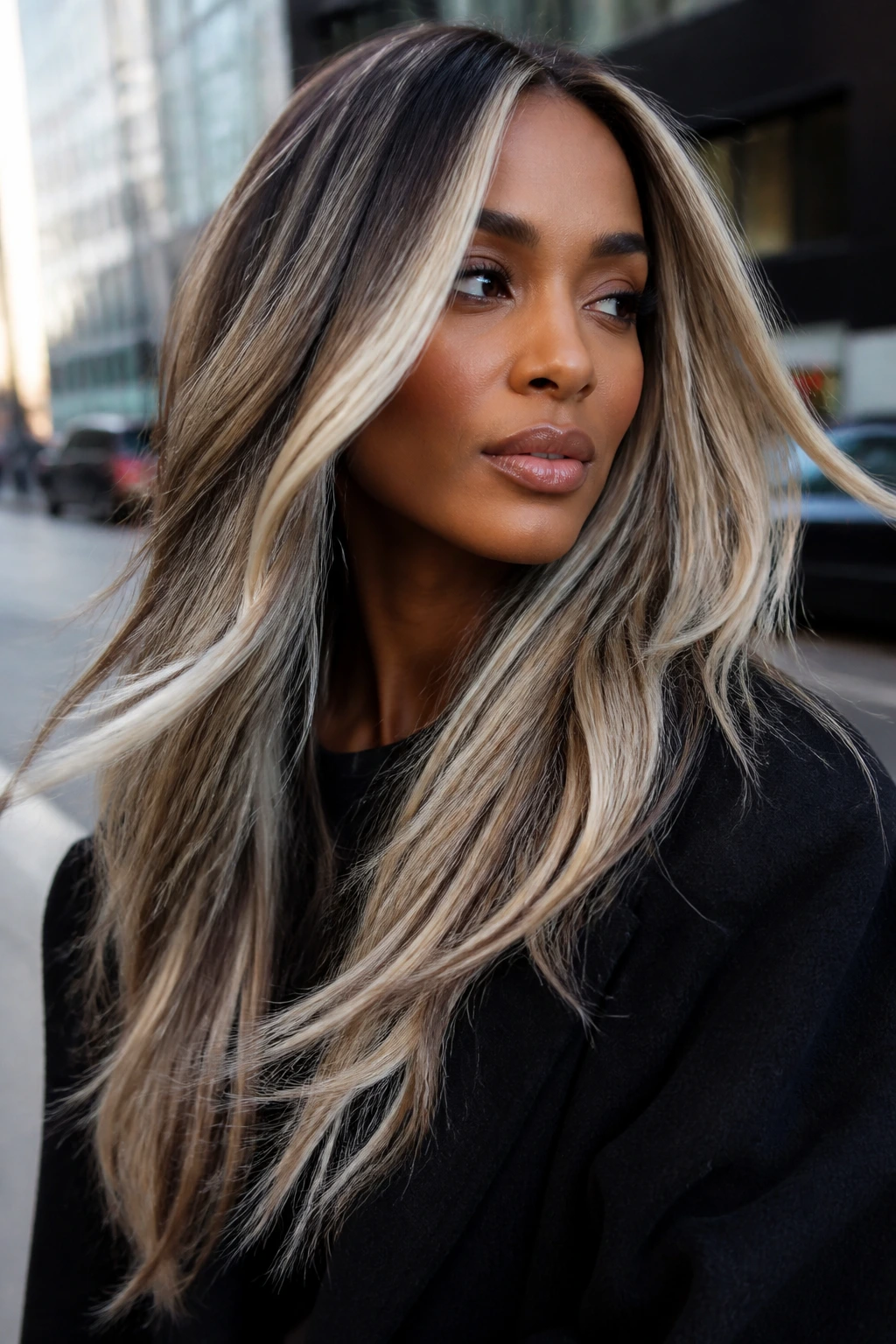 Close-up of a real person with ice blonde foils on long layered hair