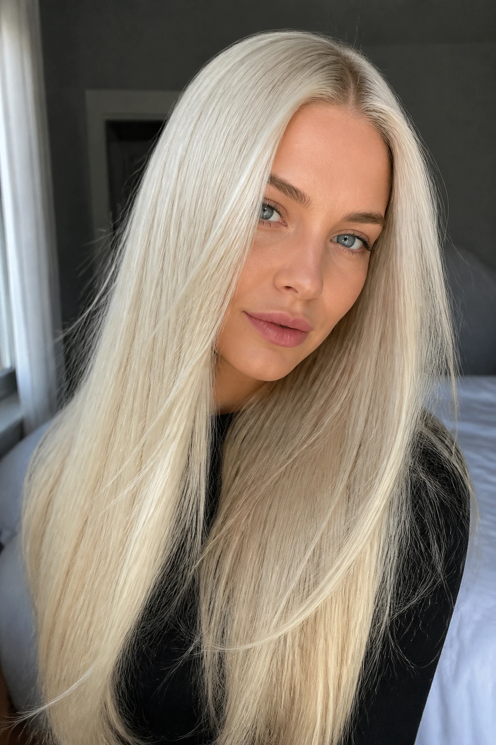 Close-up portrait of a woman with pin-straight ice-blonde hair and center part in window light.