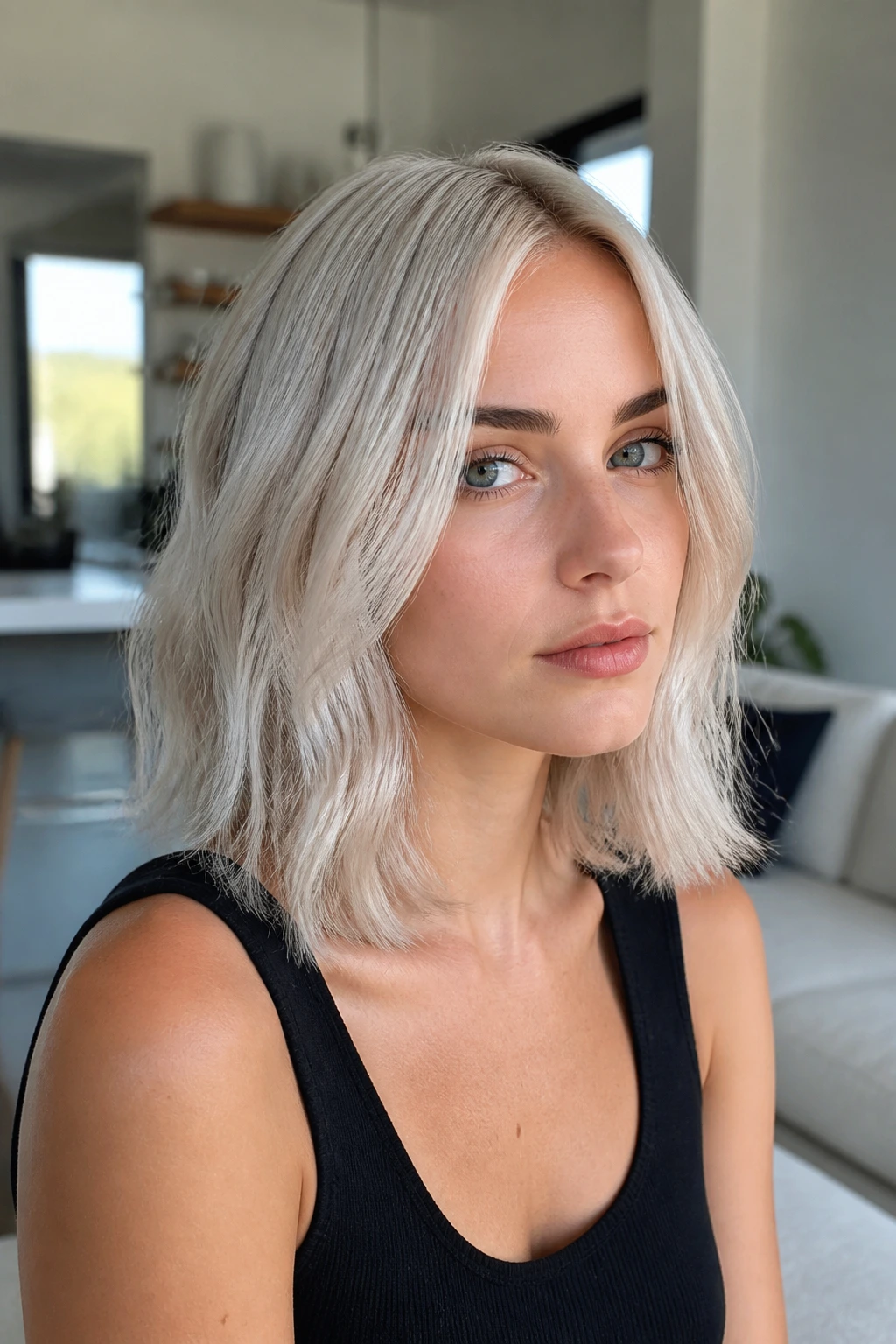Close-up portrait of a woman with a collarbone-length ice blonde lob with a soft bend