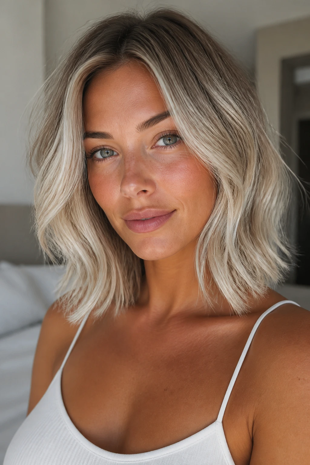 Close-up portrait of a real person with ice blonde collarbone lob and root melt