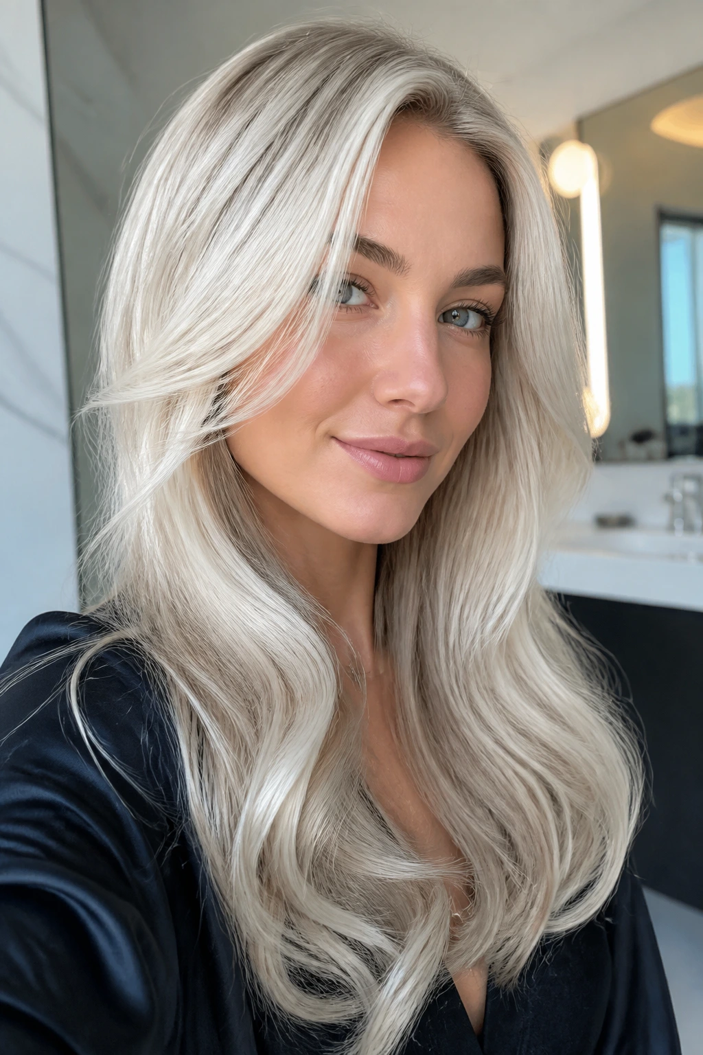 Portrait of a woman with shiny ice blonde hair in a bright bathroom setting