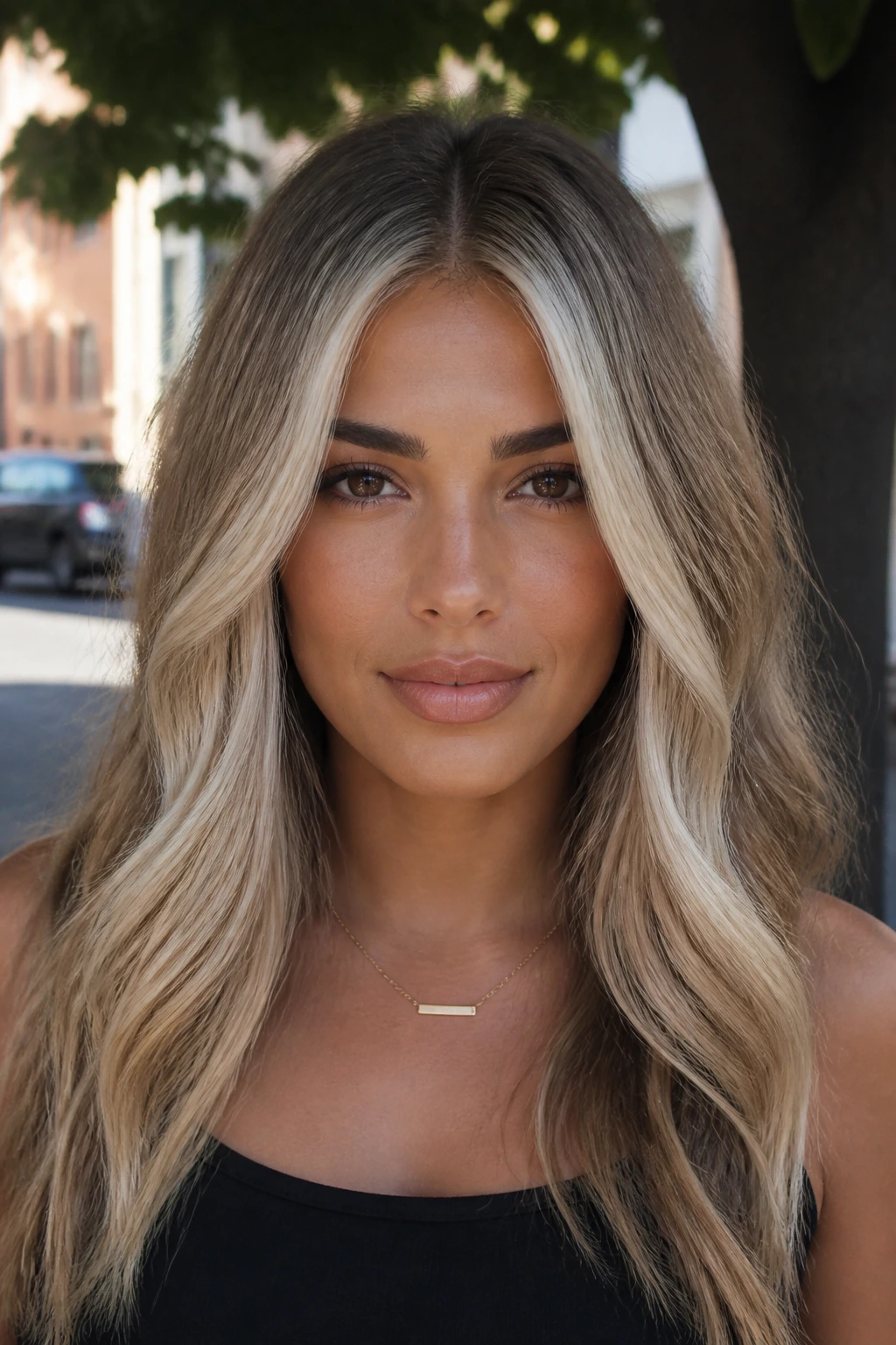 Close-up portrait of a woman with an icy money piece framing her face on tan skin