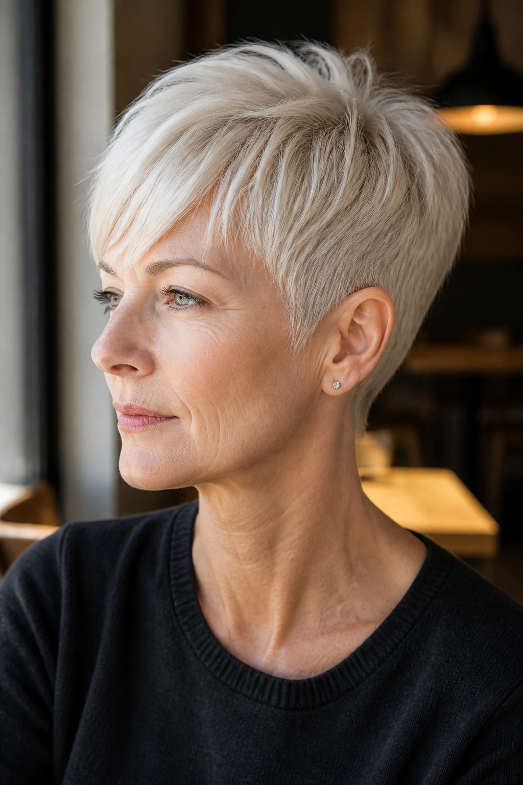 Close-up portrait of a real woman with tapered nape pixie in ice blonde