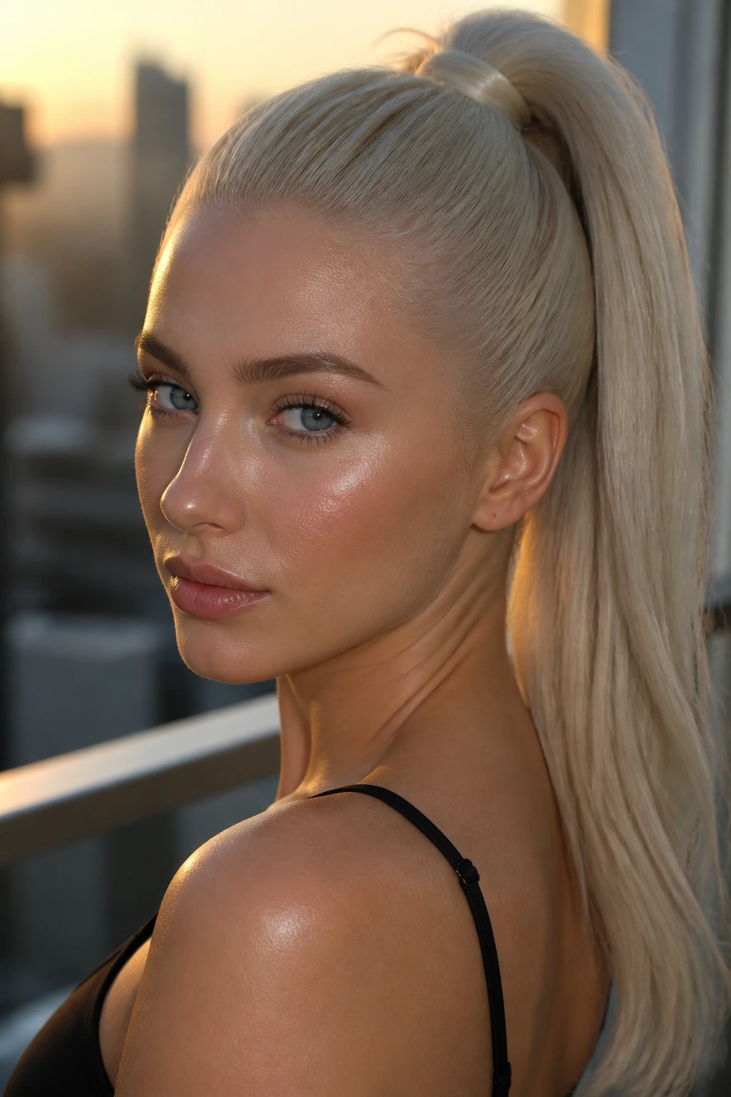 Portrait of a real woman with a high gloss ice-blonde ponytail.