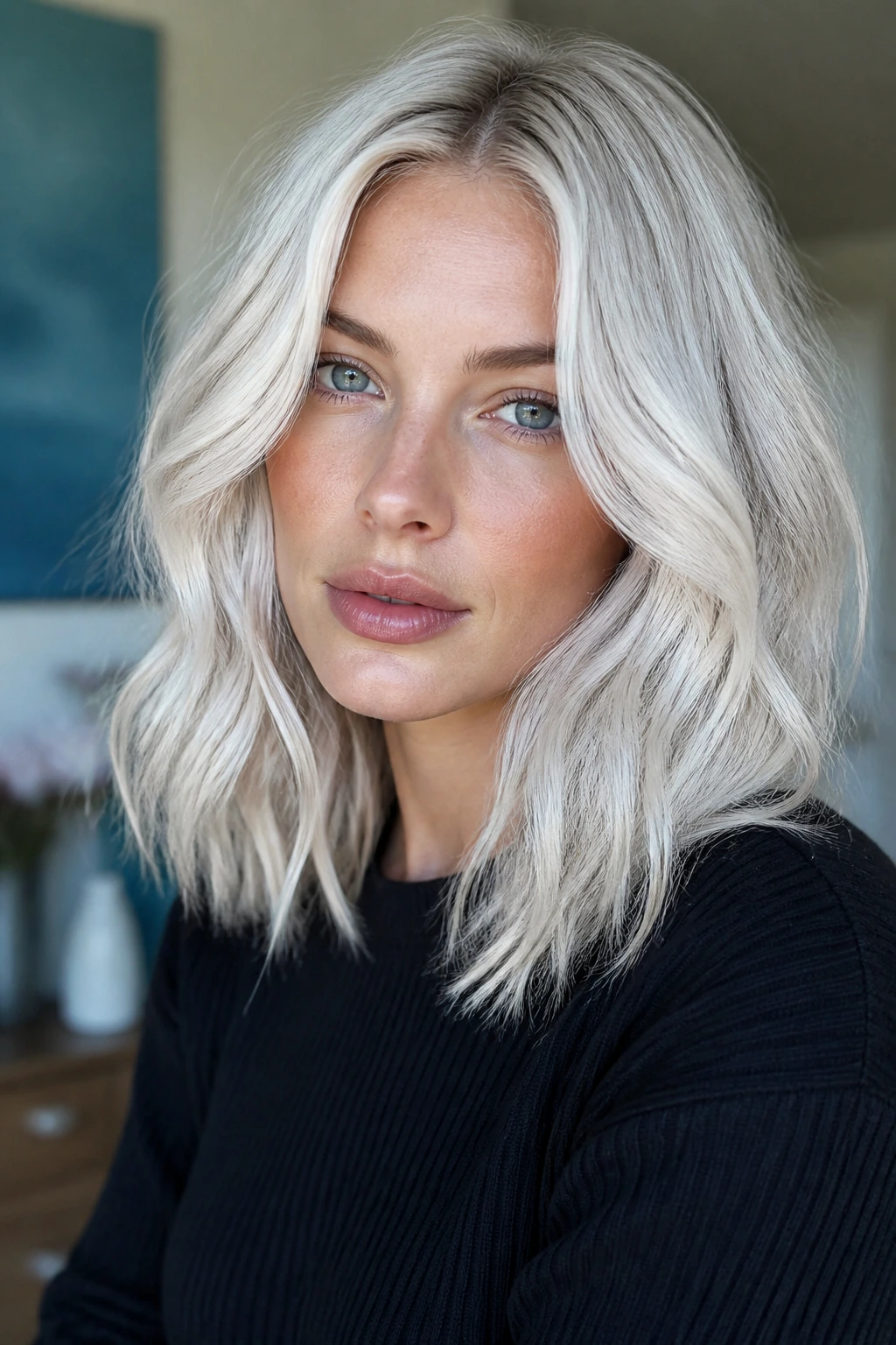 Portrait of a person with ice blonde hair and cool skin undertones.