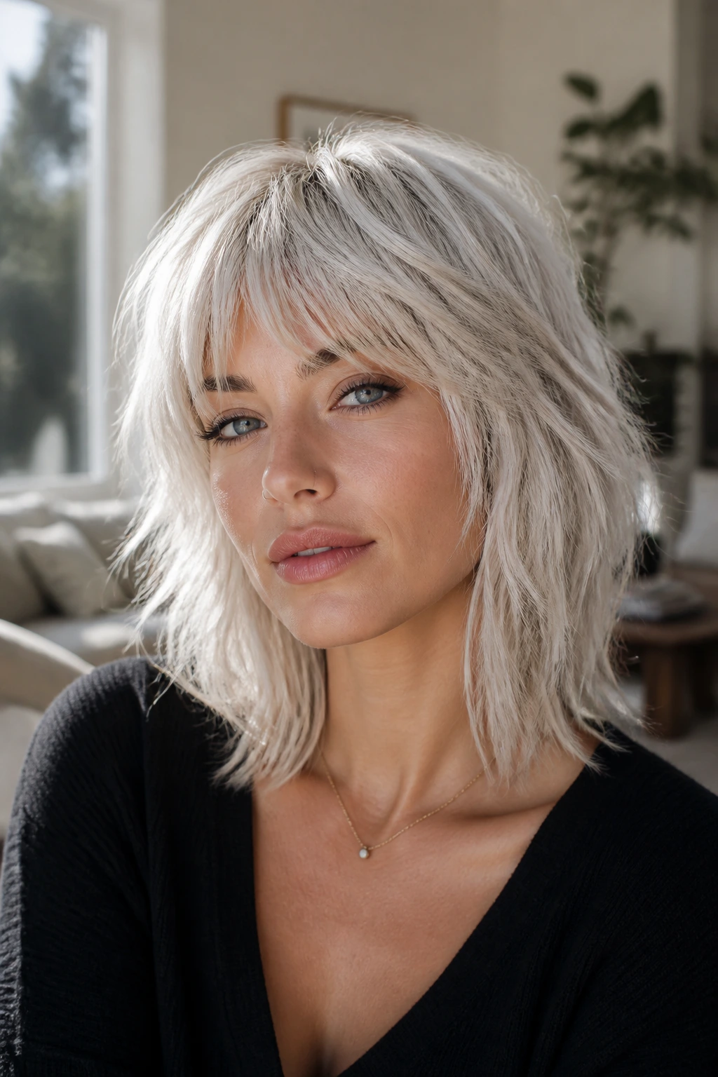 Close-up portrait of a real woman with choppy shoulder-length ice-blonde hair