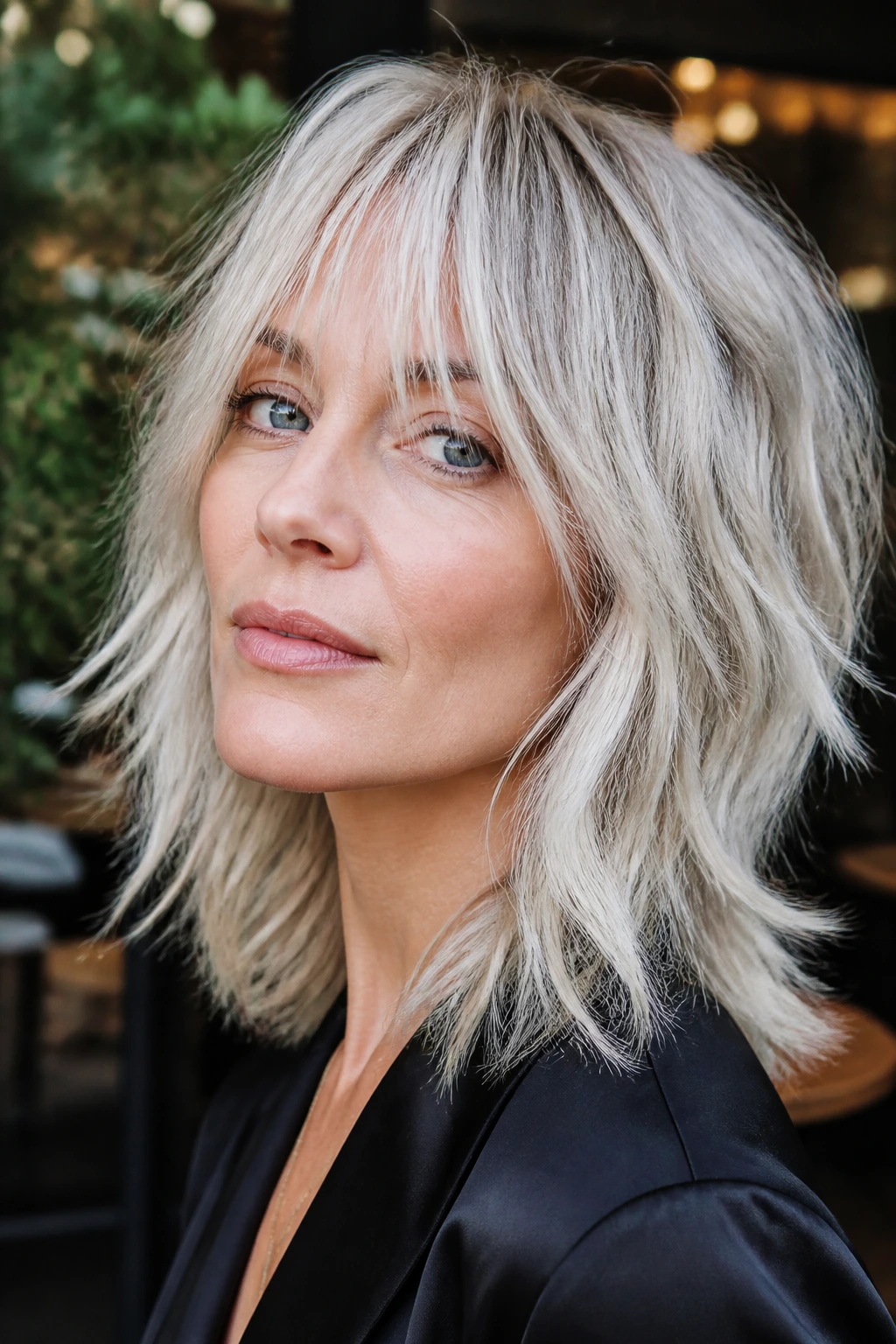 Woman with ice-blonde shaggy midi showing jagged layers.