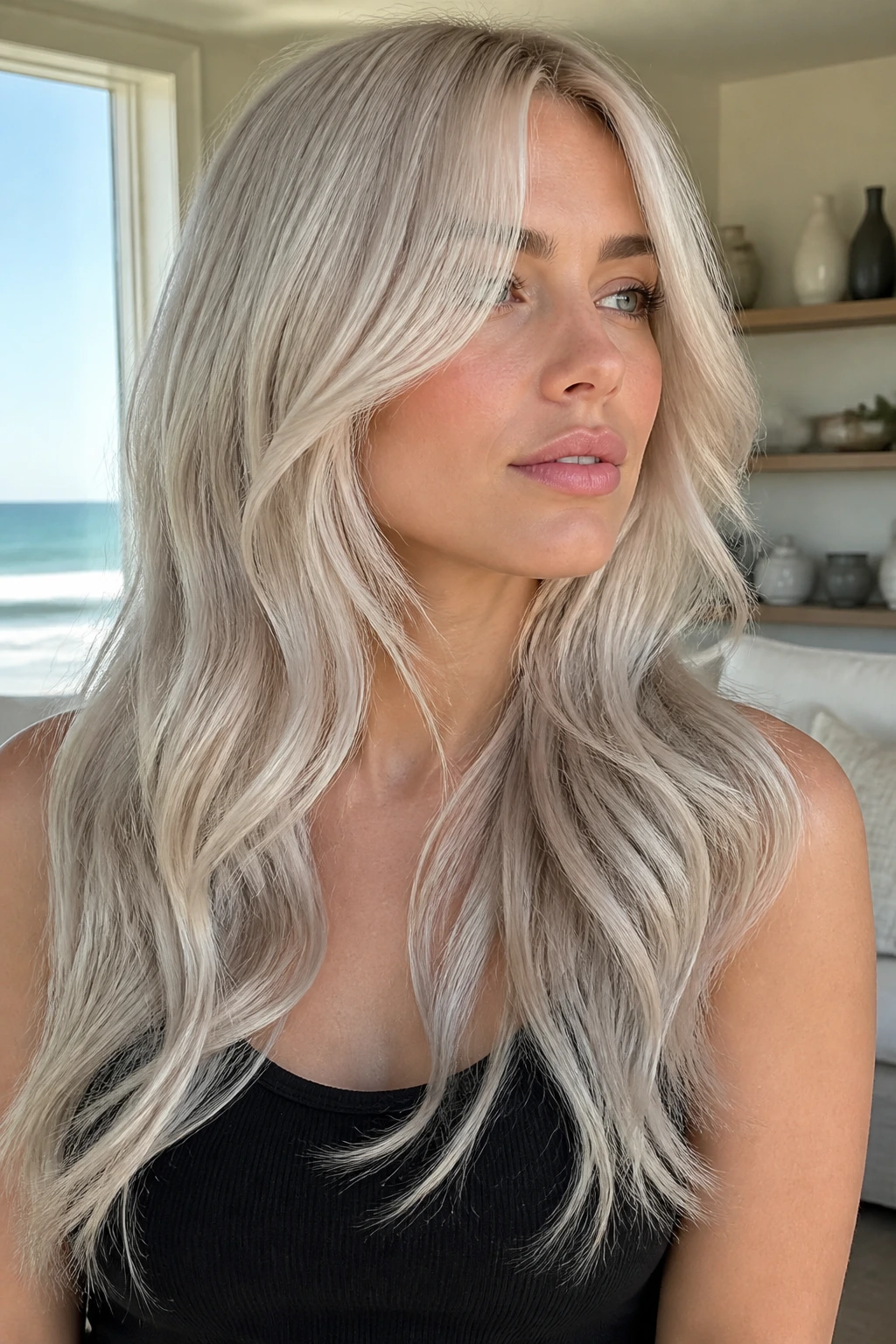 Close-up of long layered ice-blonde waves on a real person