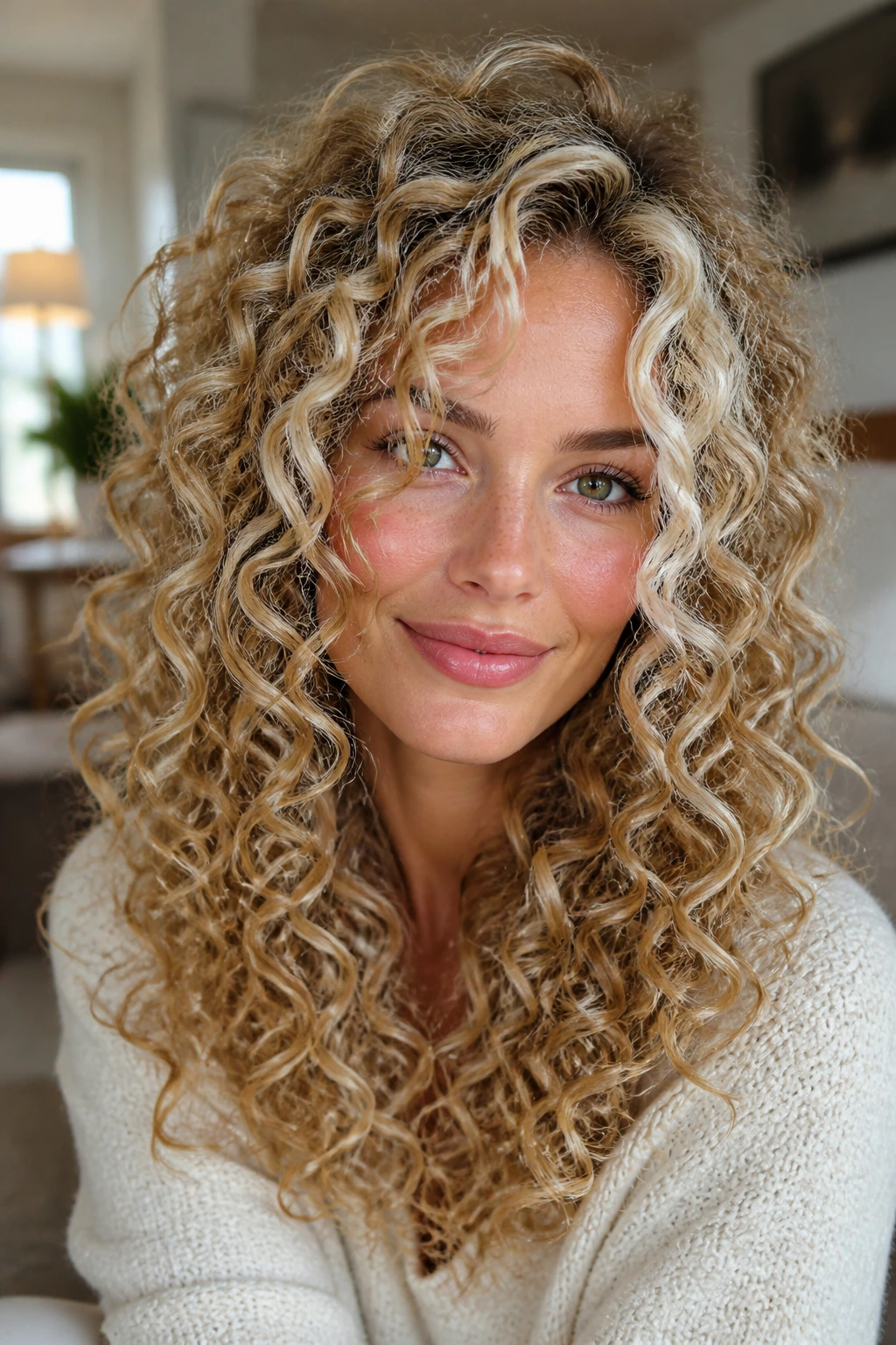 Close-up of a real person with ice-and-cream contrast on curly ringlets.