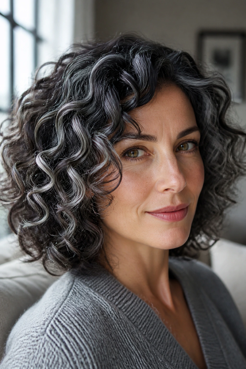 Close-up of curly hair with ice-dusted silver ribbons on outer curls