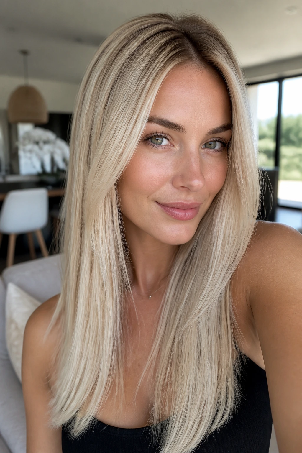 Portrait of a woman with ice-edge blonde ends and golden roots in natural light