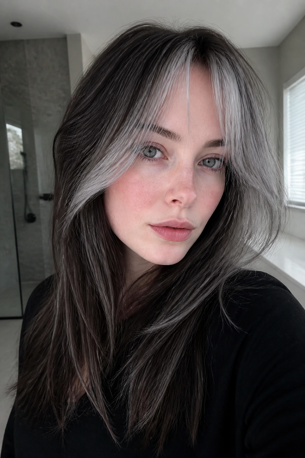 Portrait focusing on ice-edge fringe with smoky silver fringe and dark rest of hair