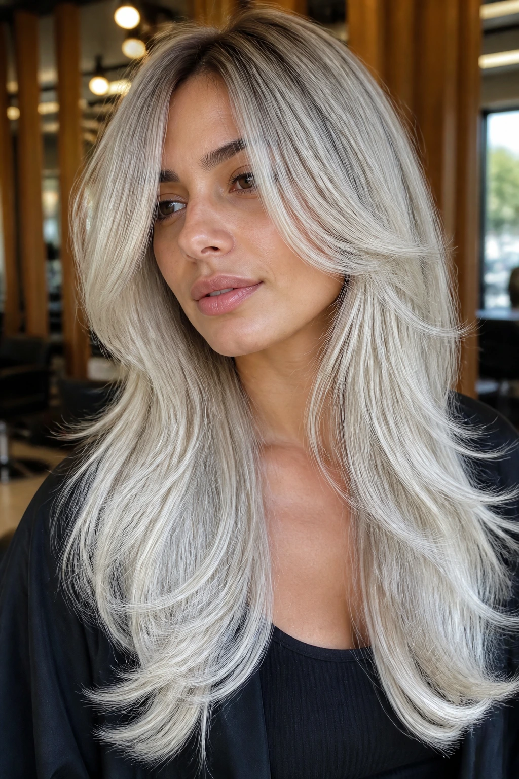 Portrait of a real woman with butterfly layers and ice ends in platinum