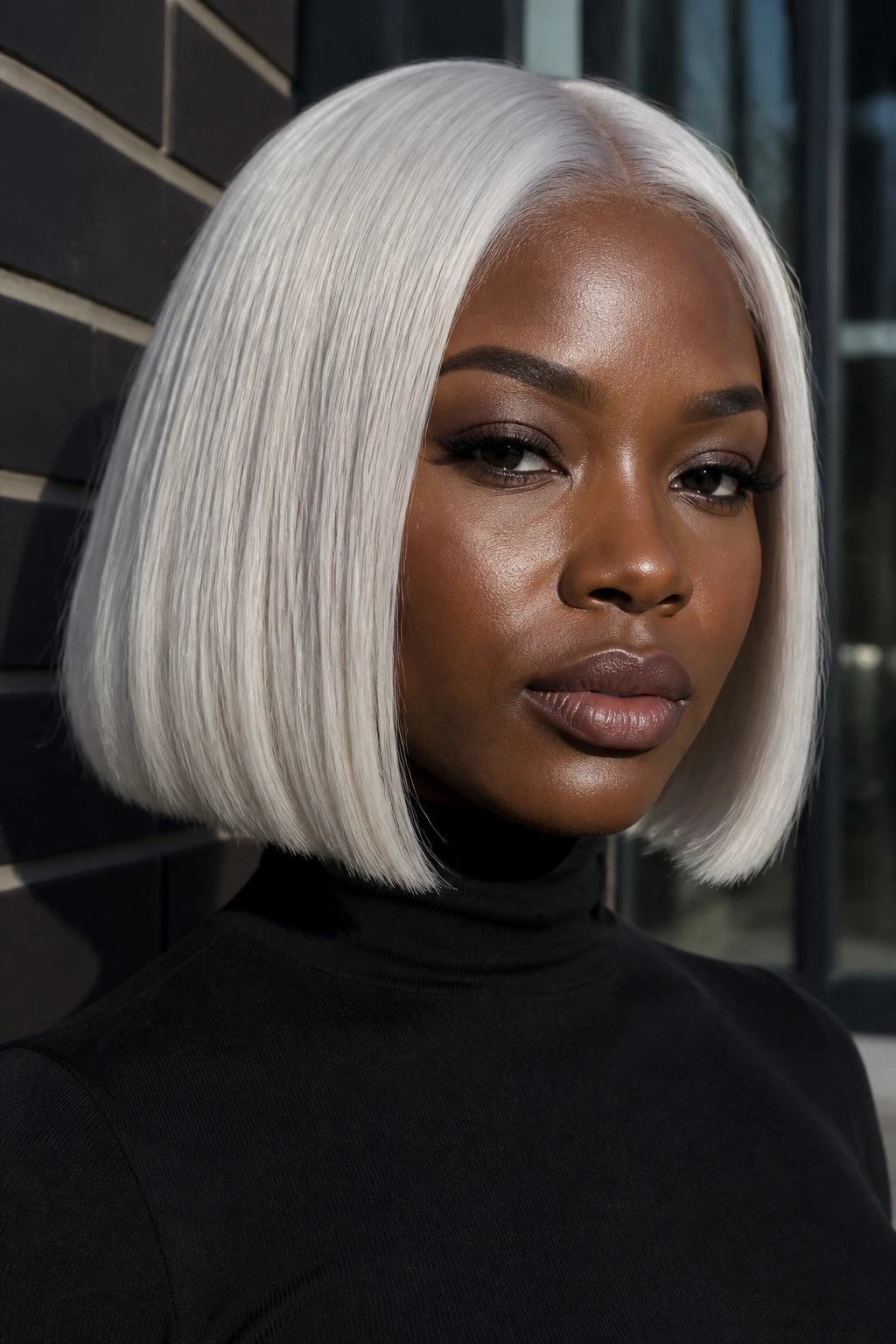 Deep skin model with ice-glass platinum blunt bob in daylight