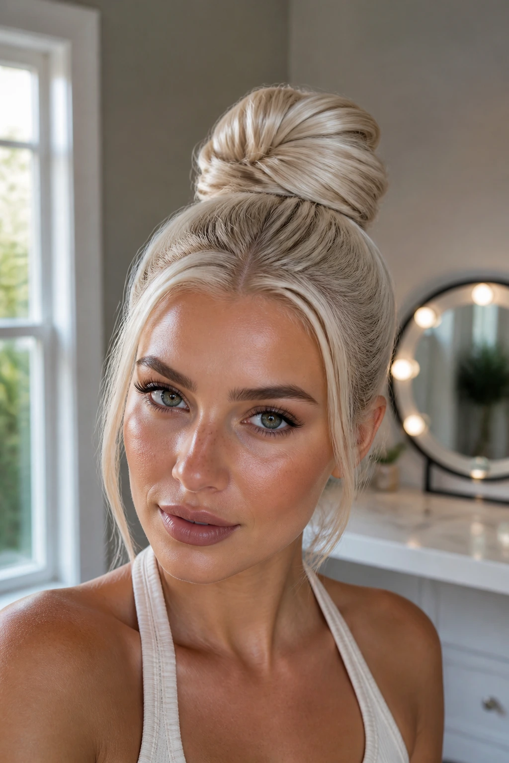 Close-up of a real woman with an ice-glazed high bun in platinum blonde
