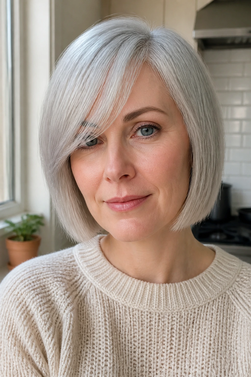 Portrait of a real woman with ice-grey blunt bob and airy side fringe