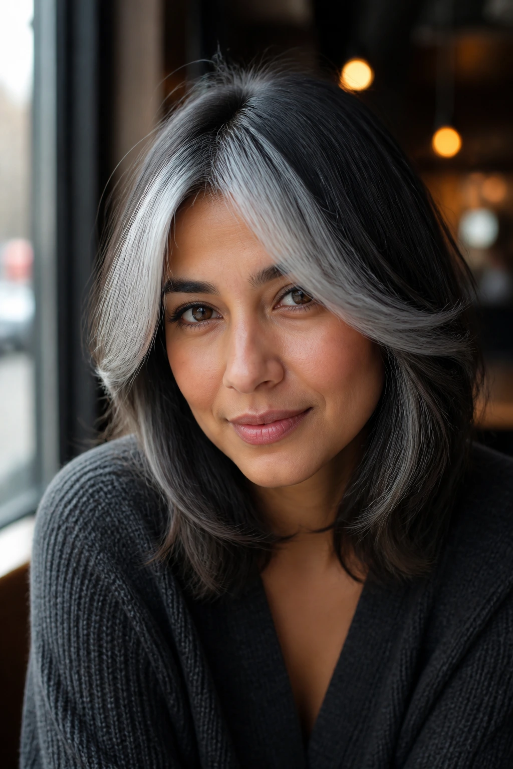 Close-up of a person with ice grey curtain fringe framing the face.