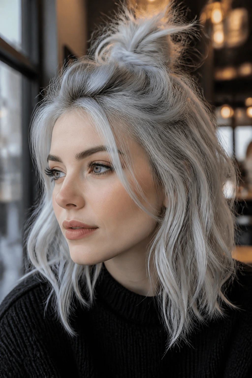 Close-up of real person with ice grey half-up knot showing loose strands around face
