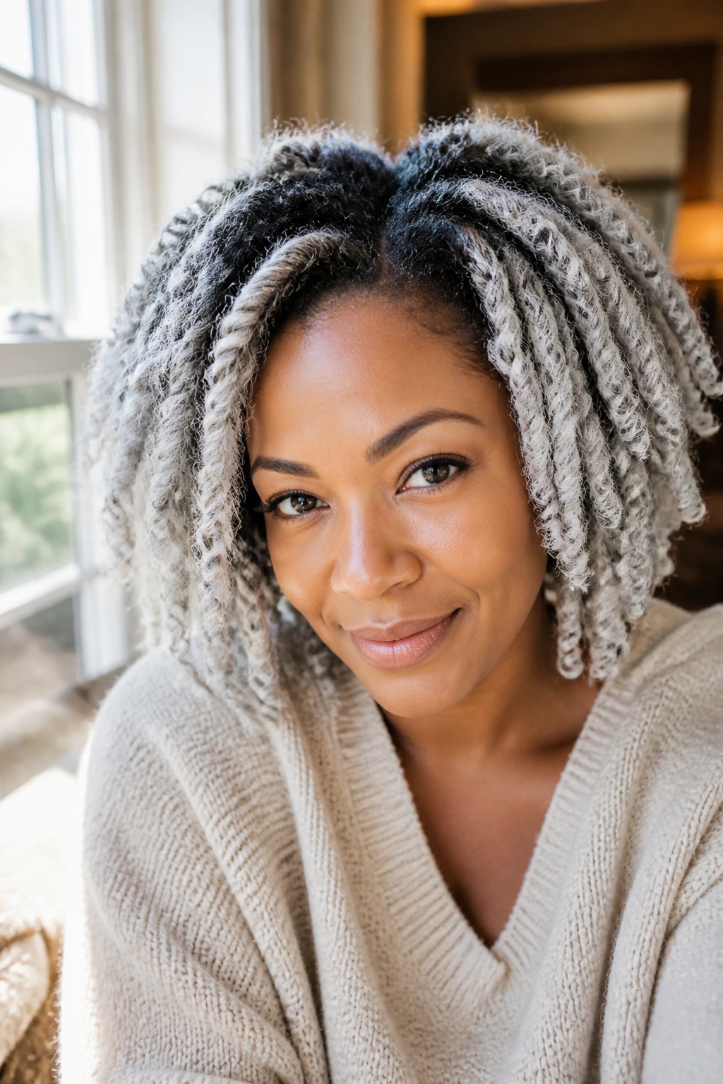 Close-up of a person with ice grey twist-out and dark roots