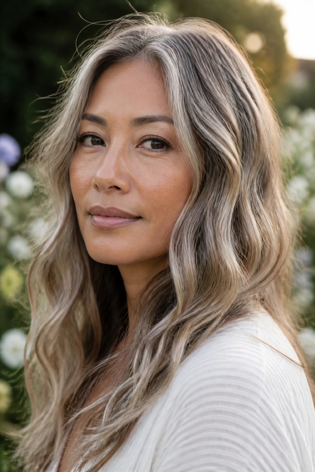 Close-up of a person with ice latte gray hair in beachy waves