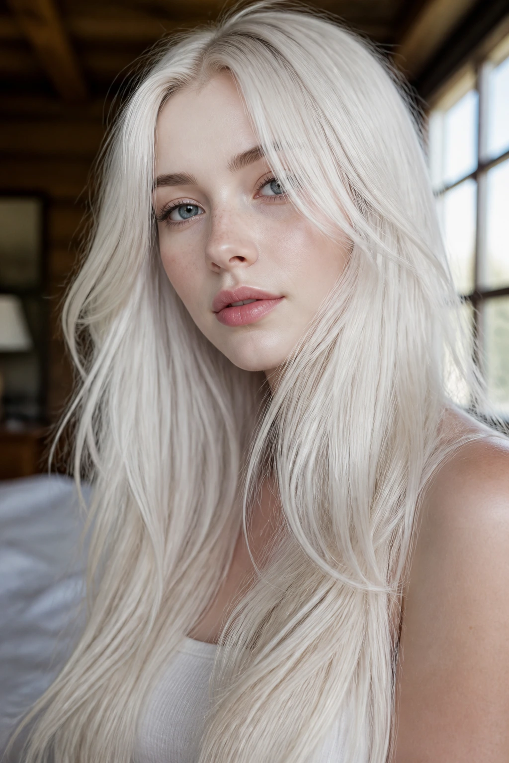 Close-up of a real woman with long ice-queen platinum hair and soft ends.