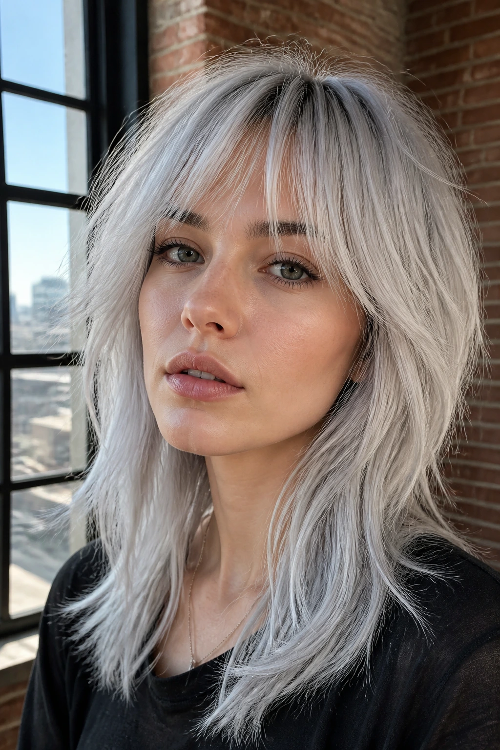 Portrait of a woman with ice silver shag and airy bangs in a sunlit loft