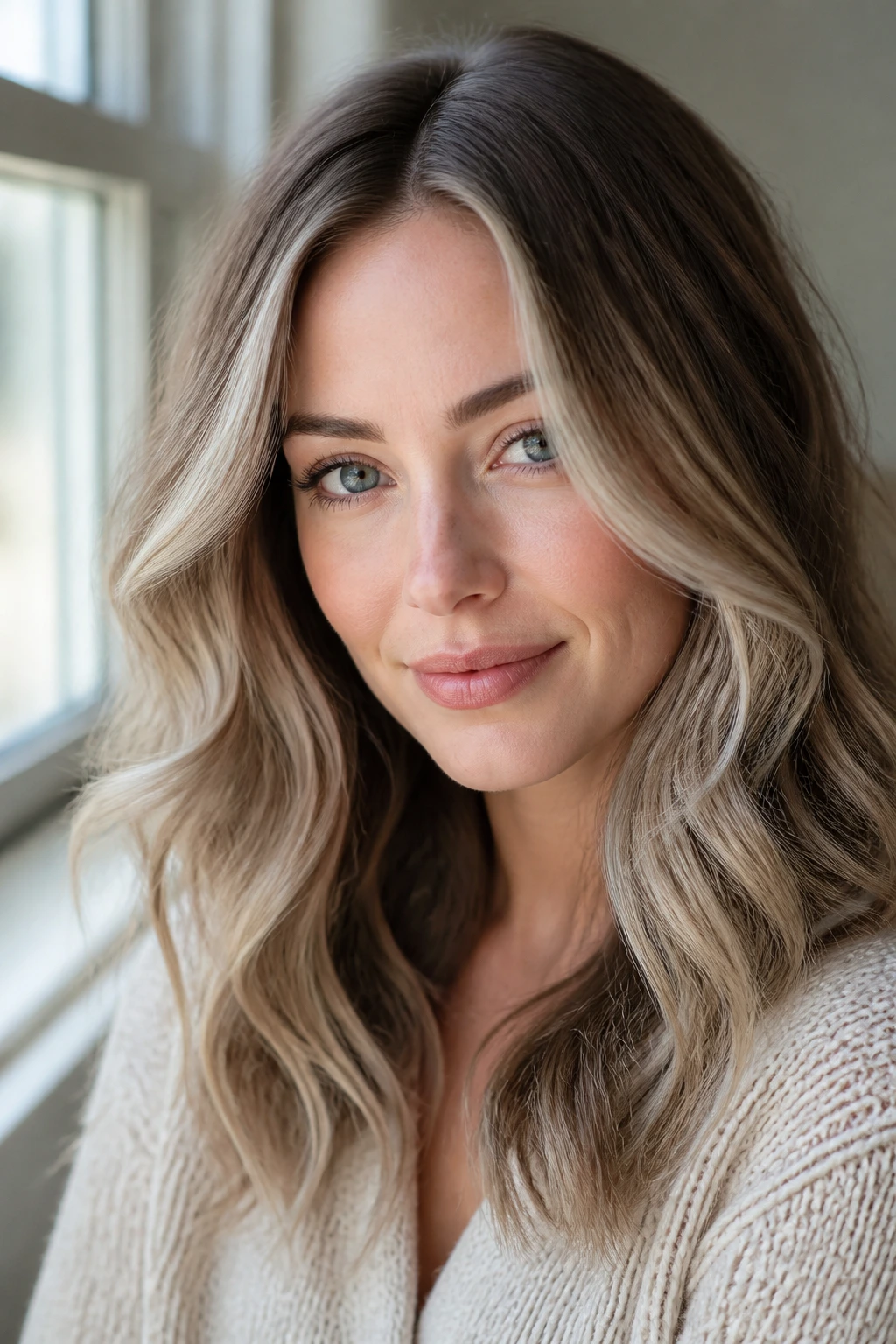 Close-up portrait of a woman with ice-tea ash blonde hair and face-framing highlights