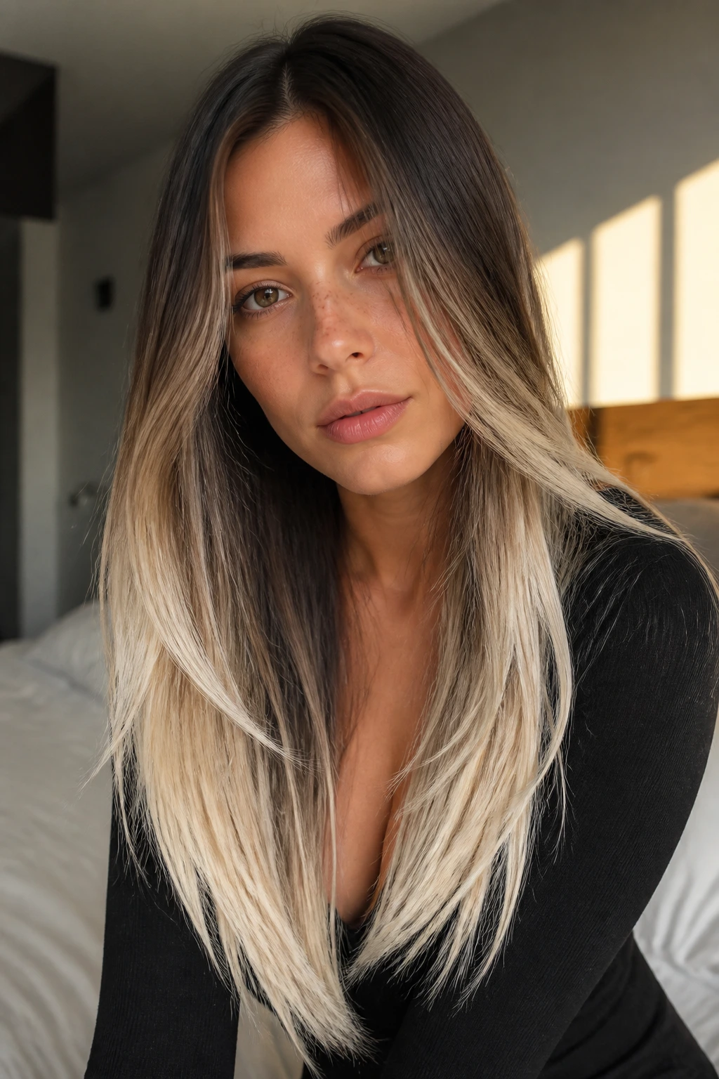 Close-up portrait of a real woman with ice-tip layers and brunette roots transitioning to platinum ends