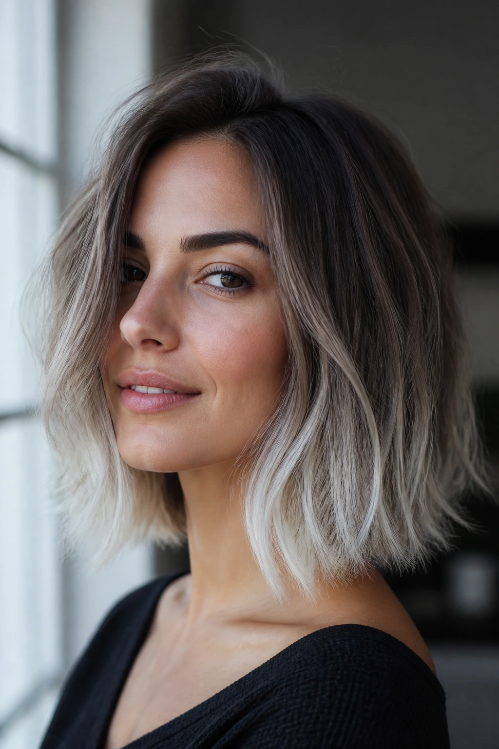 Portrait of a real person with an ice-tipped lob hairstyle and silver ends.