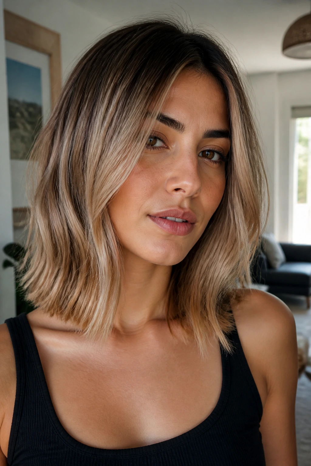 Close-up portrait of a real woman with iced beige caramel lob and cool mid-lengths.