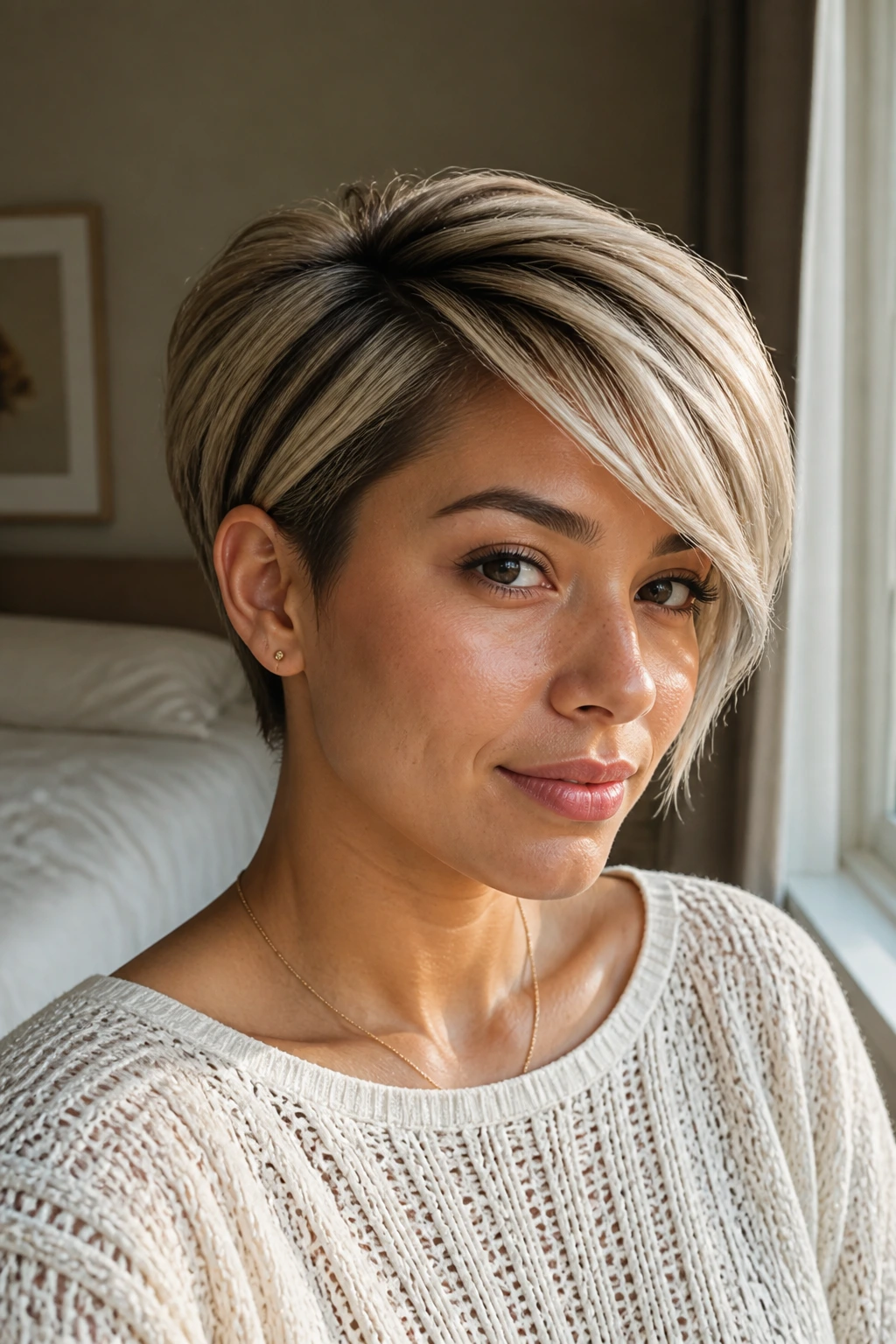 Close-up of a real woman with an iced beige side-part crop under warm window light.