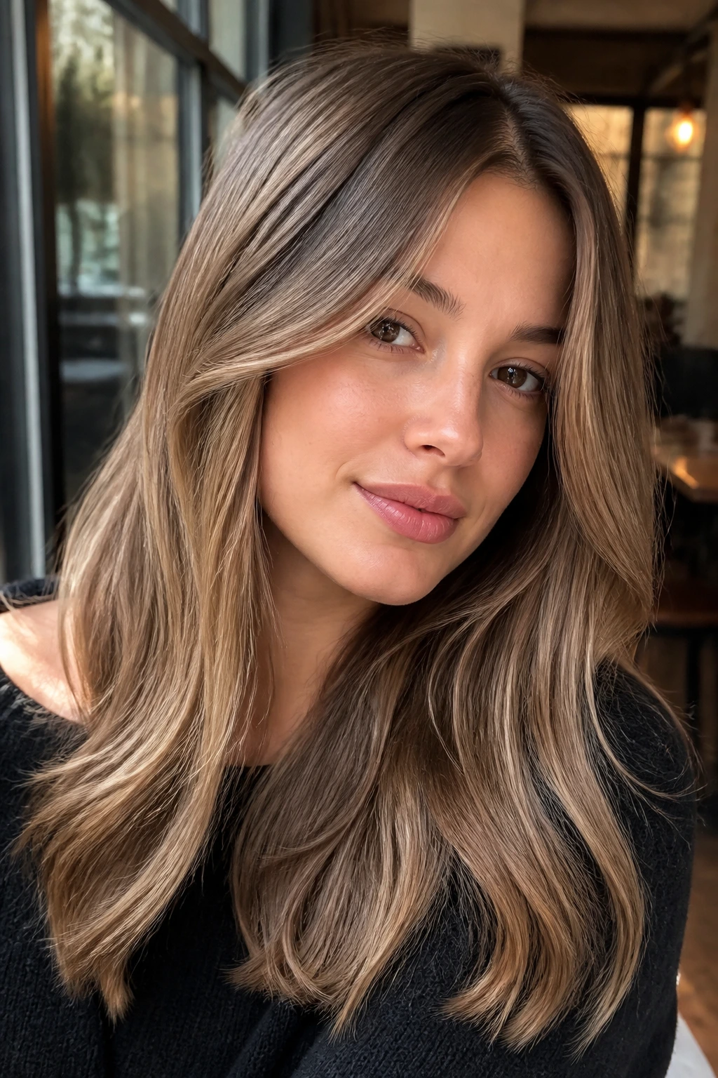 Close-up of iced caramel gloss on cool-toned hair of a real person
