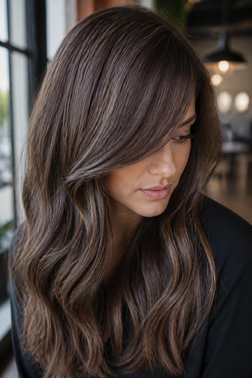 Portrait of a real woman with Iced Cocoa Babylights and side-swept bangs in cafe light