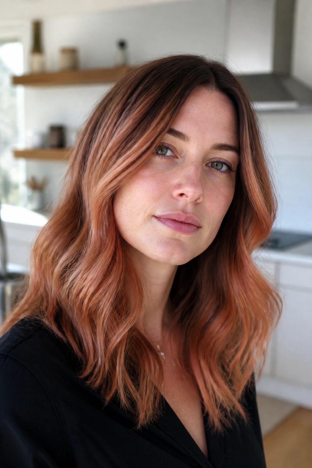 Portrait of a real woman with iced copper sombre hair in natural daylight