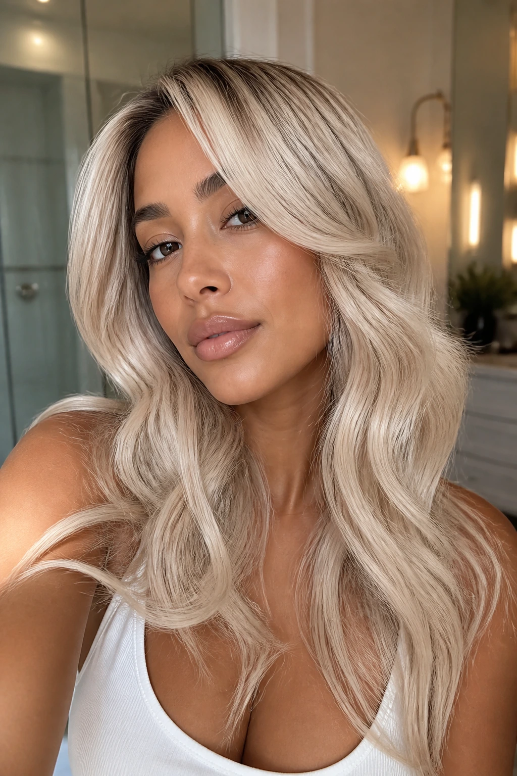 Close-up portrait of a person with Iced Cream Blonde hair under warm light