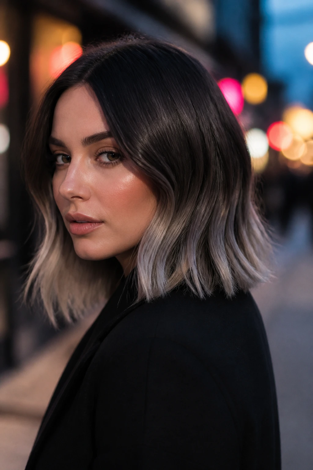 Close-up of a real woman with a dark lob and icy ends in an urban dusk setting