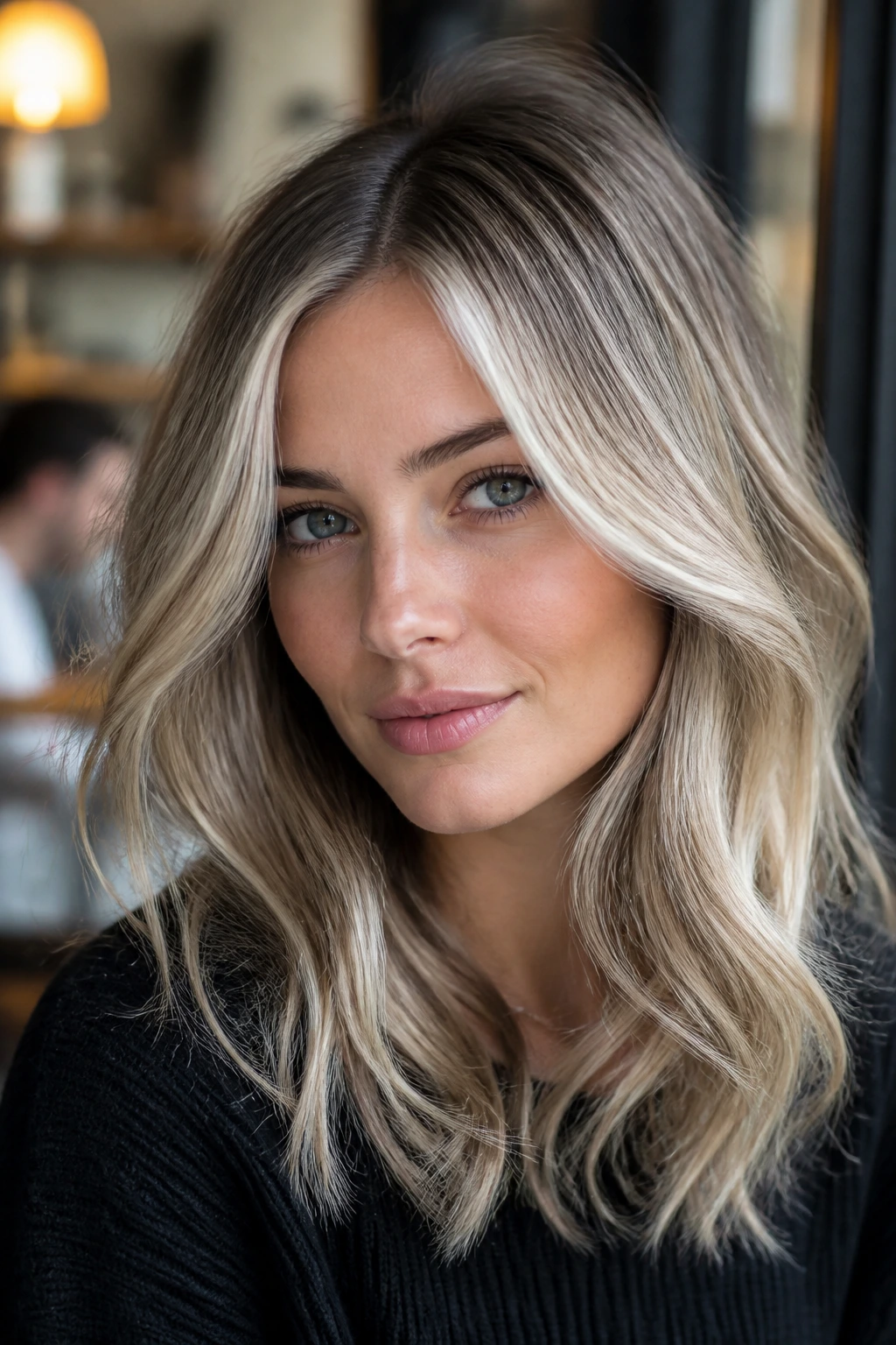 Real woman with pale icy gold highlights in cool-toned hair by window