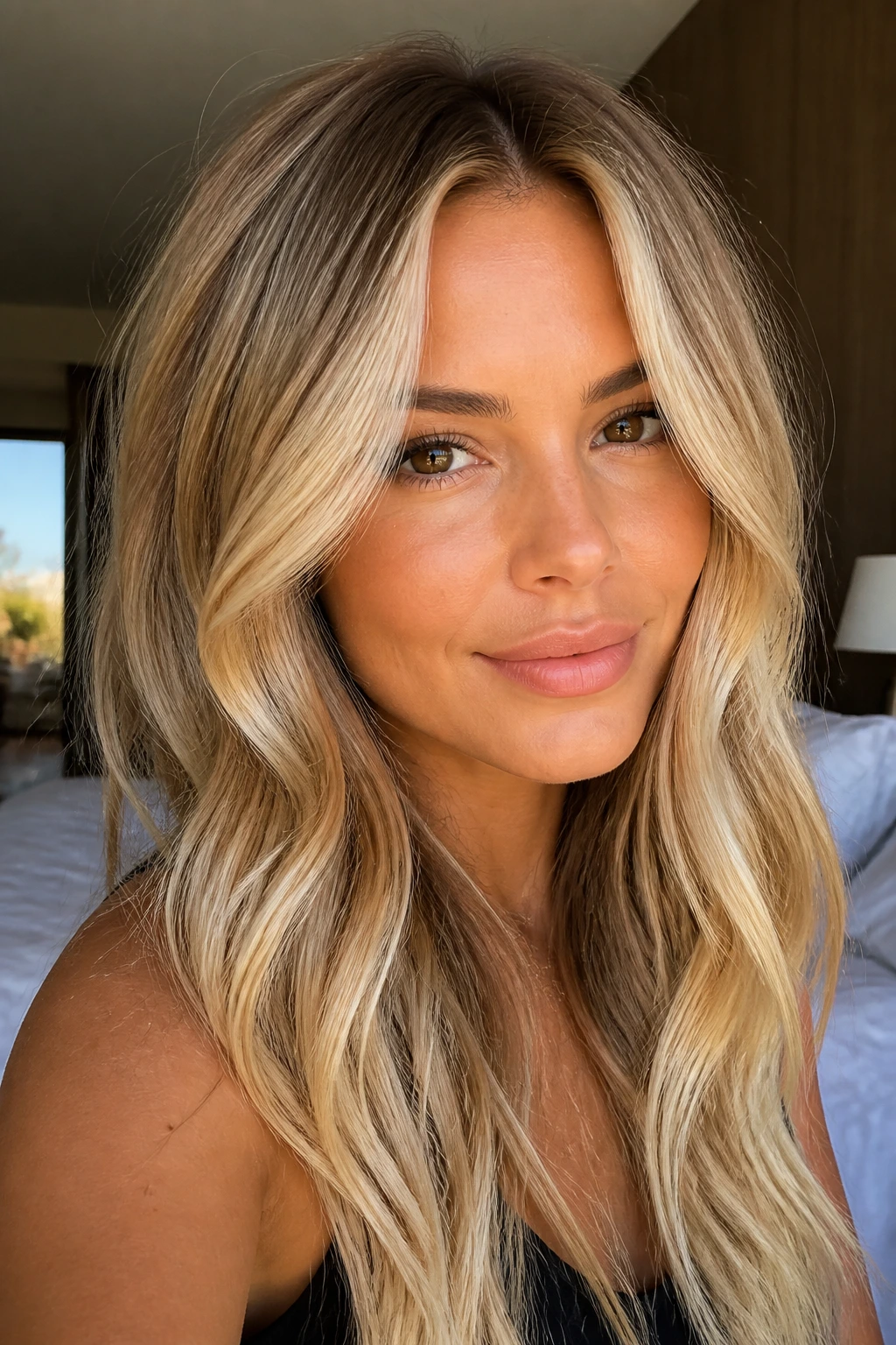 Close-up portrait of a woman with iced honey blonde hair and beige root shadow on tan skin, natural light