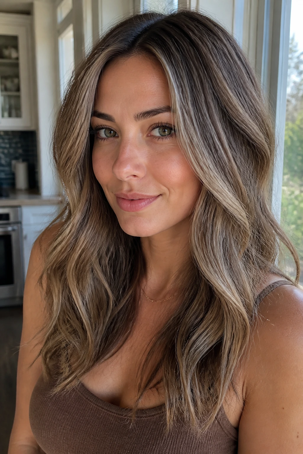 Close-up of brunette with iced latte blonde babylights by window light.