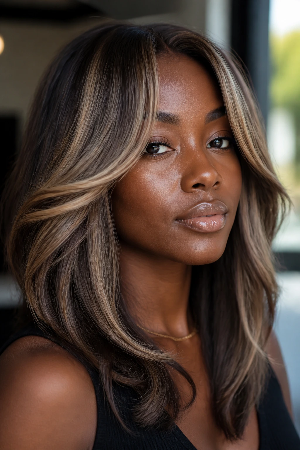 Close-up of a dark-skinned woman's hair with iced latte highlights around the fringe.
