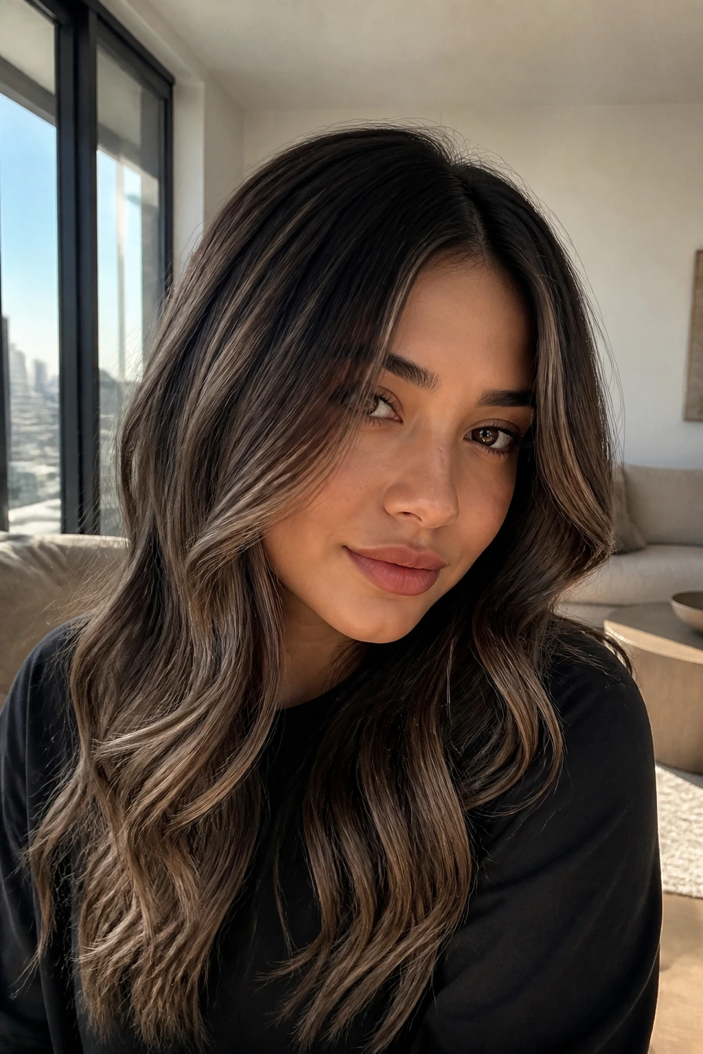 Close-up of real woman with Iced Mocha Balayage hair