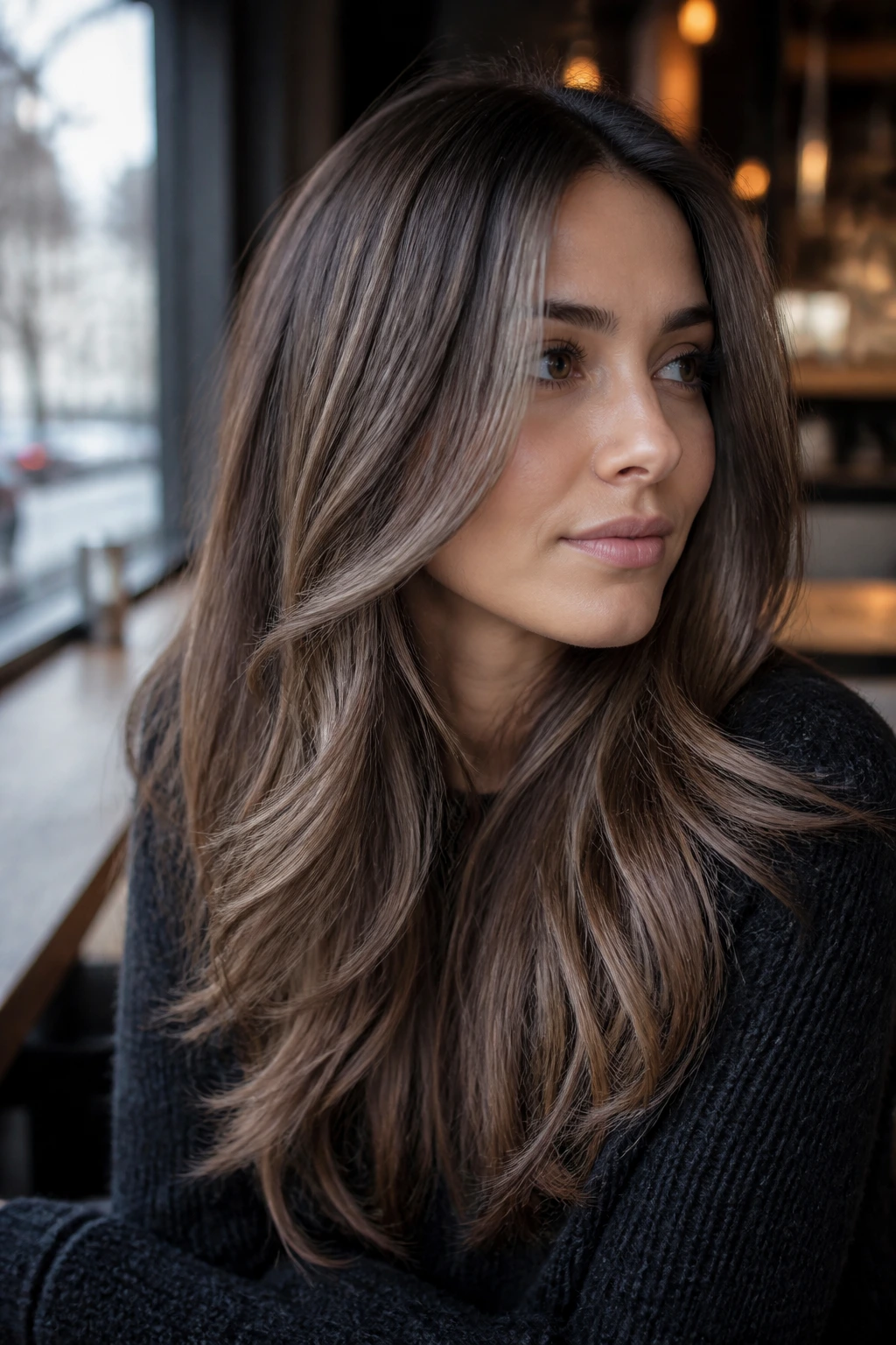 Portrait of real person with iced mocha brown hair near the face