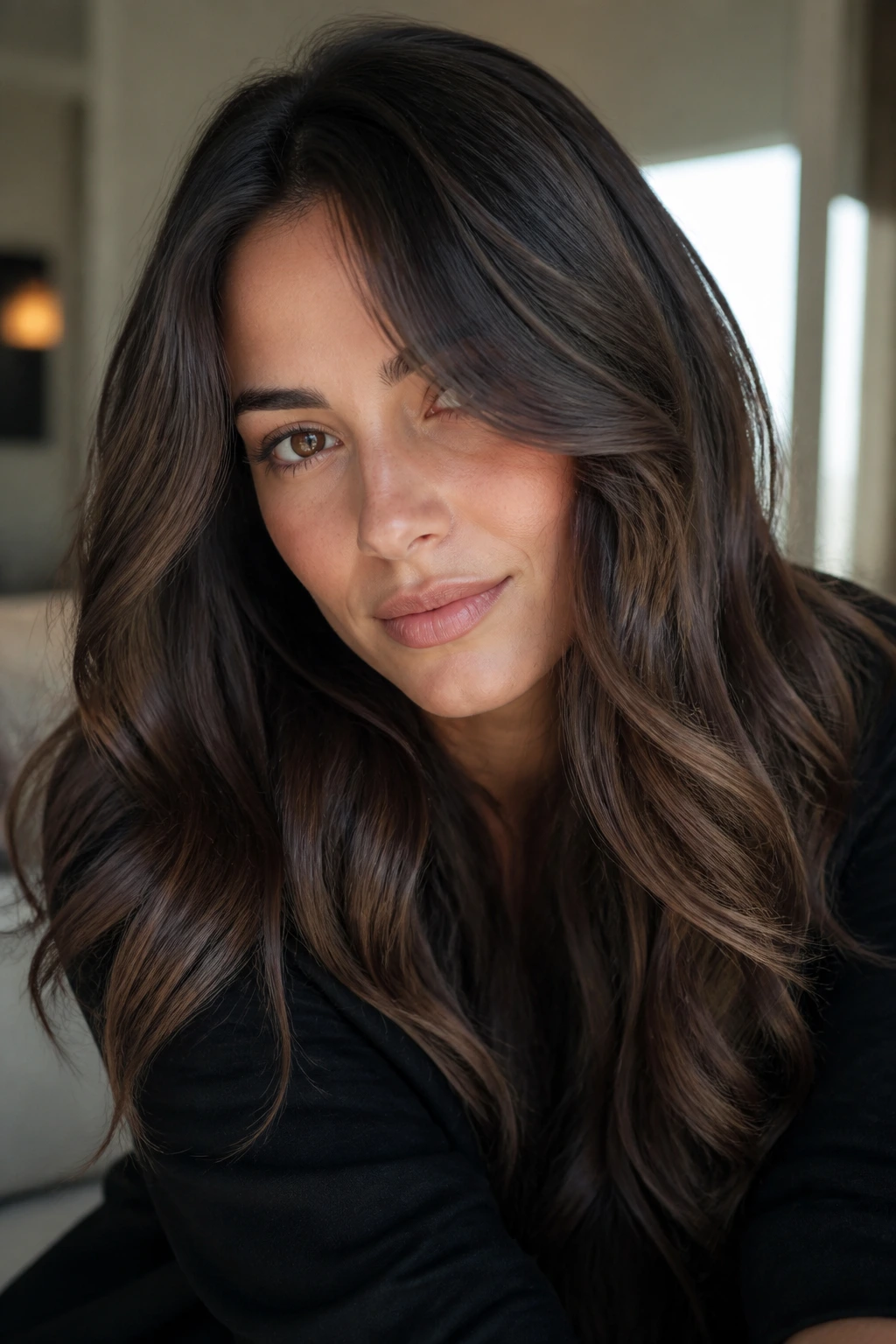 Close-up of iced mocha brunette with cool mocha tones and soft waves.